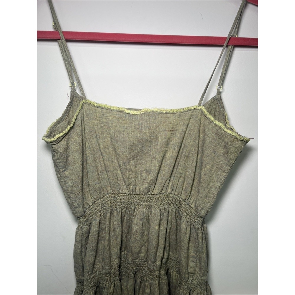 Urban Outfitters Linen Blend Midi Dress Sage Olive Green Smocked Button Front M - Picture 8 of 13